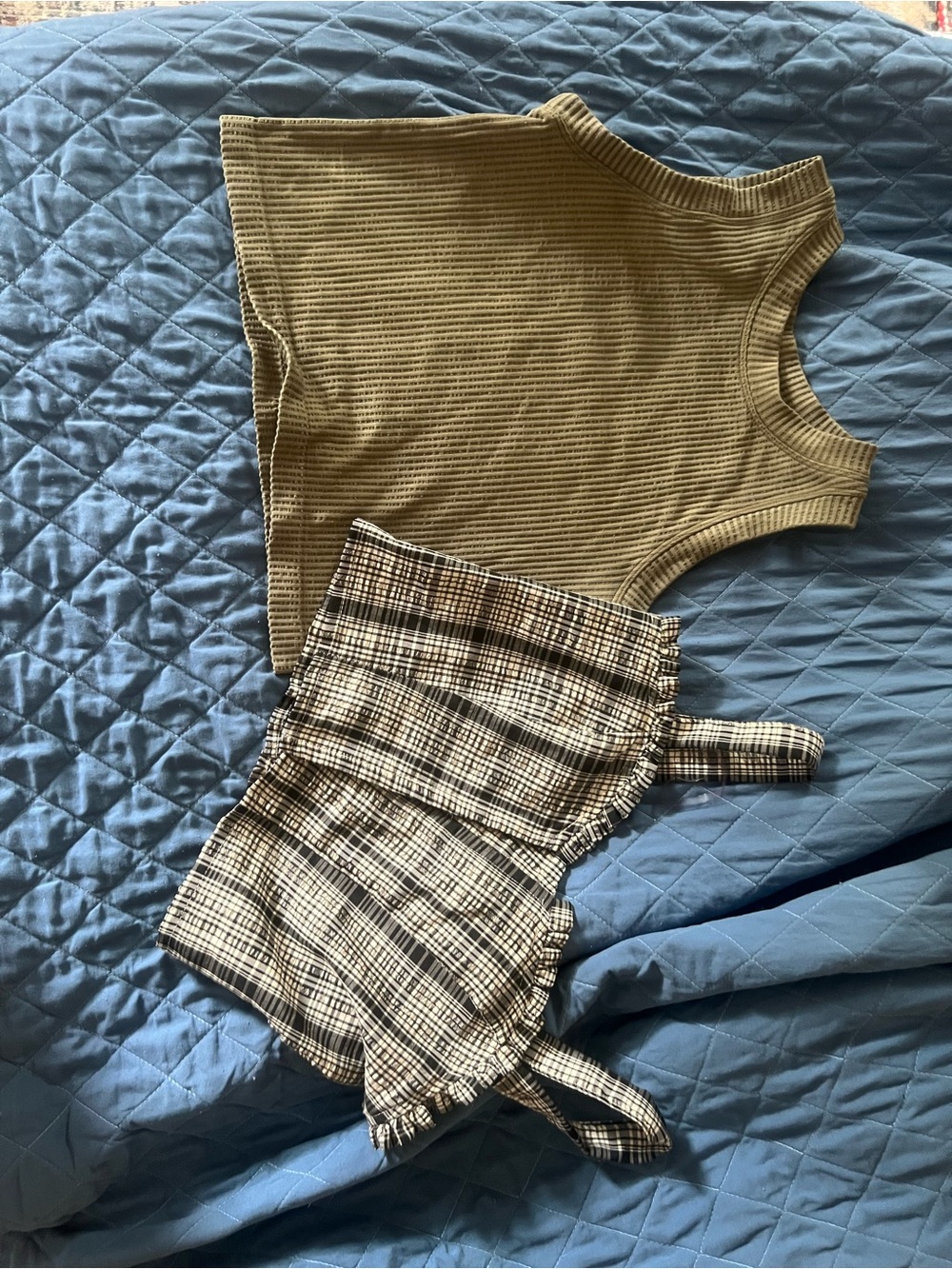 Liberty Love Olive Tank with Black & White Plaid Shorts